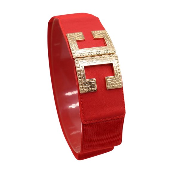 Women Red Elastic Hip High Waist Fashion Belt Big Gold Metal C Buckle Size S M - Picture 12 of 17